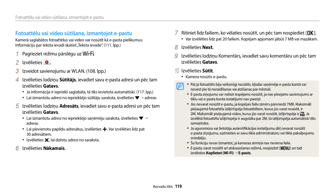 Samsung EC-WB2200BPBE2 manual Fotoattēlu vai video sūtīšana, izmantojot e-pastu, Kamera nosūtīs e-pastu 