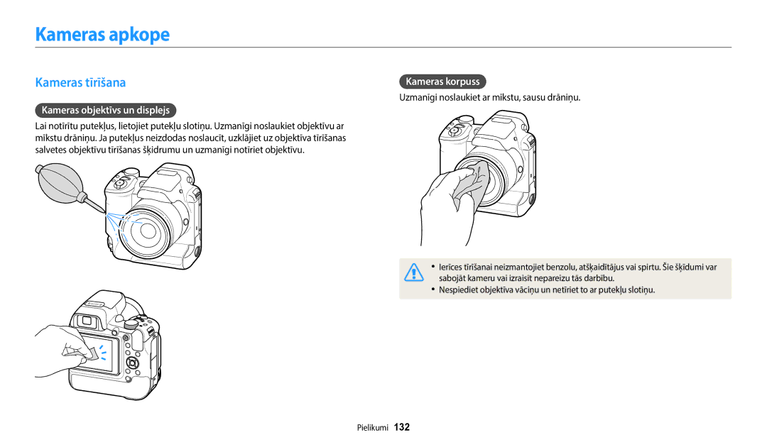 Samsung EC-WB2200BPBE2 manual Kameras apkope, Kameras tīrīšana, Kameras objektīvs un displejs, Kameras korpuss 