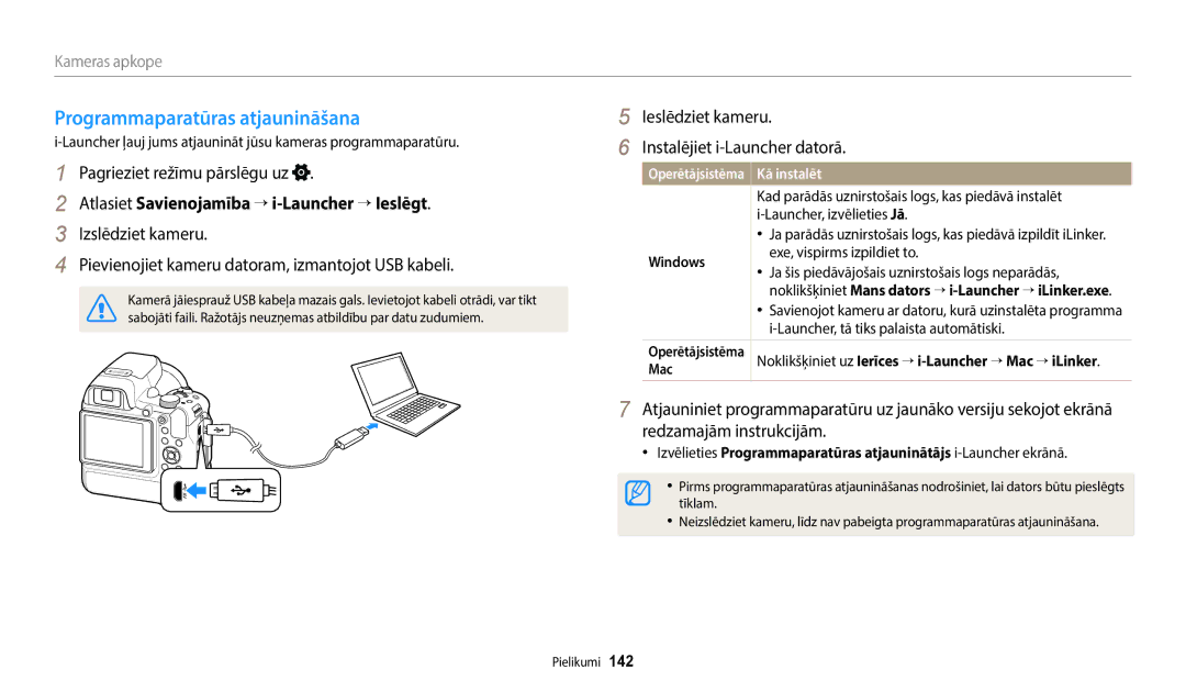 Samsung EC-WB2200BPBE2 manual Programmaparatūras atjaunināšana, Atlasiet Savienojamība → i-Launcher → Ieslēgt 