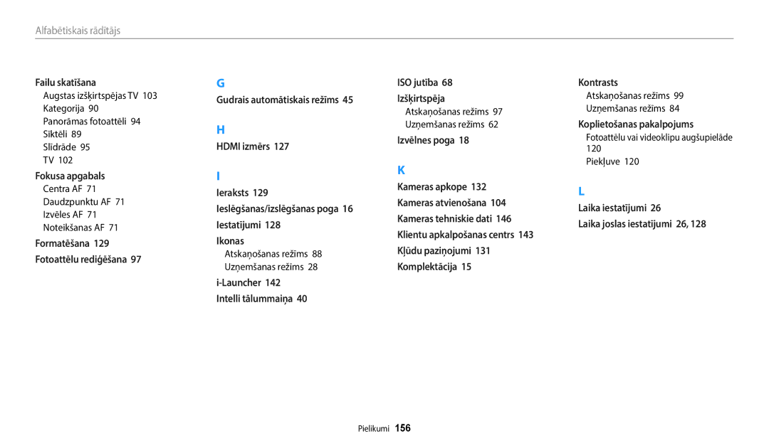 Samsung EC-WB2200BPBE2 manual Alfabētiskais rādītājs, Centra AF Daudzpunktu AF Izvēles AF 