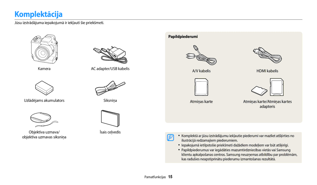 Samsung EC-WB2200BPBE2 manual Komplektācija, Uzlādējams akumulators, Papildpiederumi, Kabelis, Atmiņas karte 