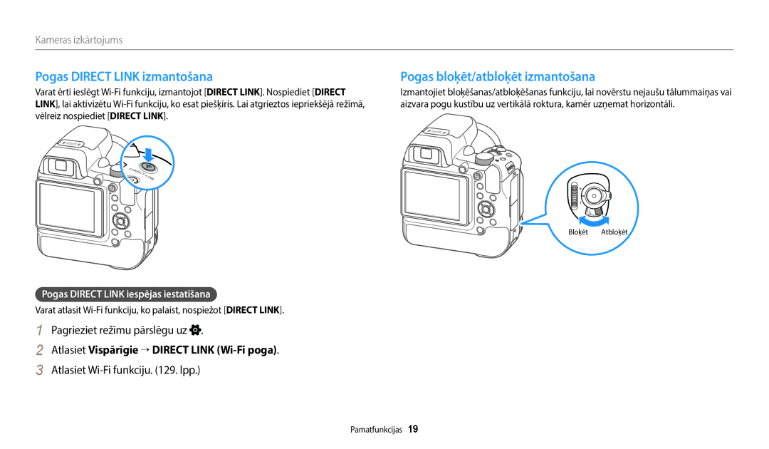 Samsung EC-WB2200BPBE2 Pogas Direct Link izmantošana, Pogas bloķēt/atbloķēt izmantošana, Pagrieziet režīmu pārslēgu uz 