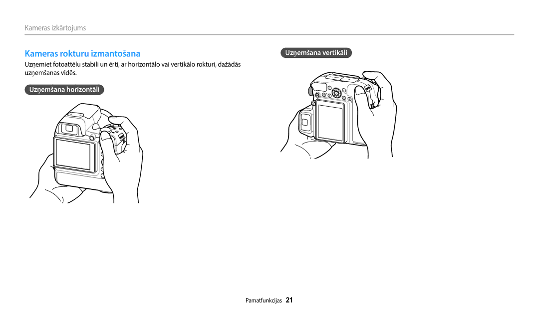 Samsung EC-WB2200BPBE2 manual Kameras rokturu izmantošana, Uzņemšana horizontāli 