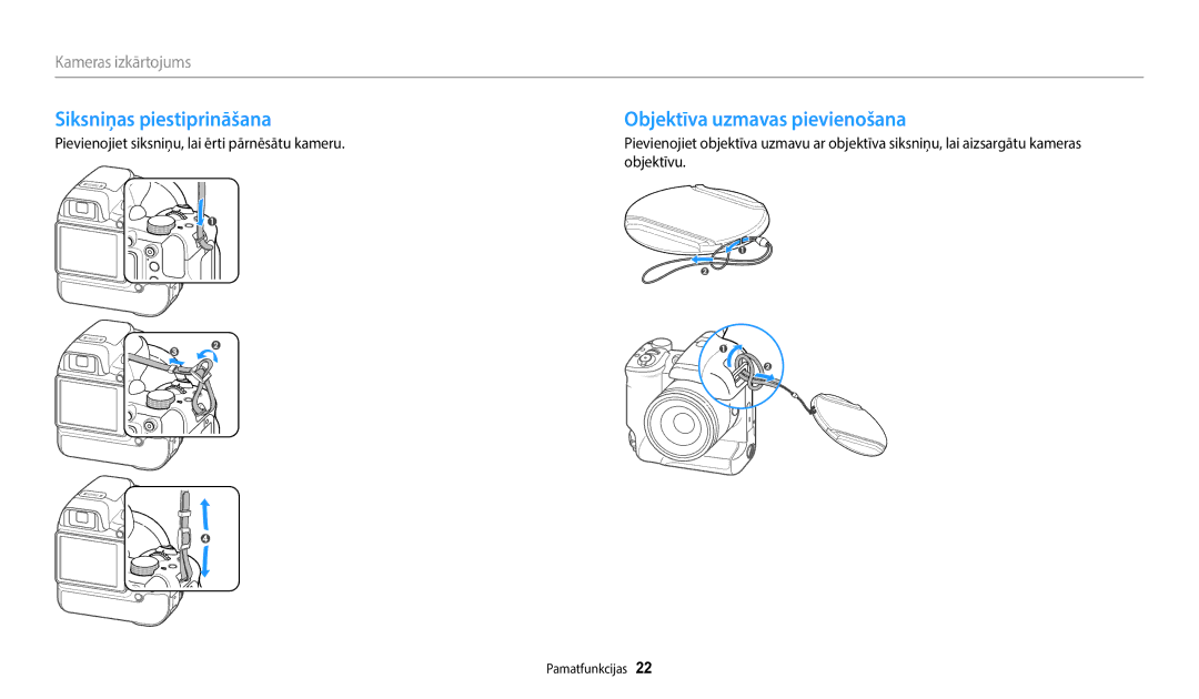 Samsung EC-WB2200BPBE2 manual Siksniņas piestiprināšana, Objektīva uzmavas pievienošana 