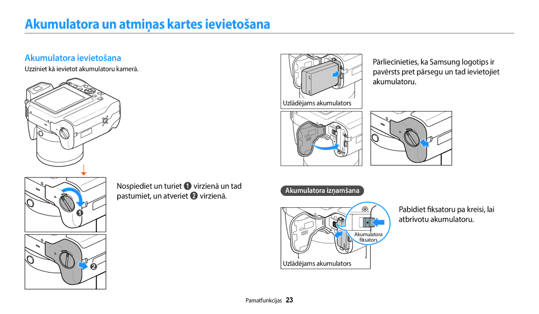 Samsung EC-WB2200BPBE2 manual Akumulatora un atmiņas kartes ievietošana, Akumulatora ievietošana, Akumulatora izņamšana 