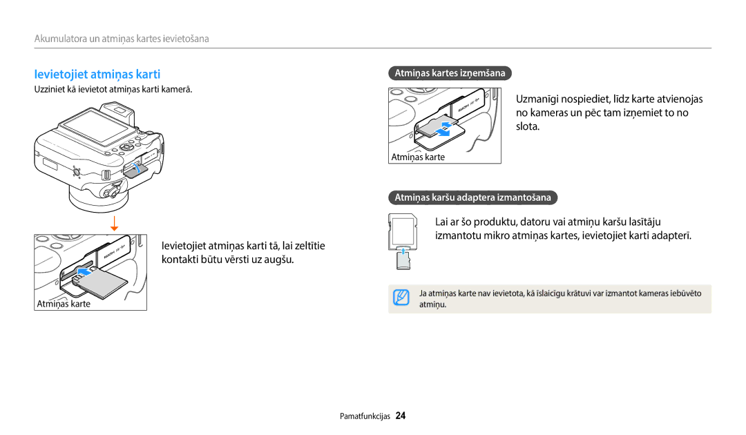 Samsung EC-WB2200BPBE2 manual Ievietojiet atmiņas karti, Akumulatora un atmiņas kartes ievietošana, Atmiņas karte 