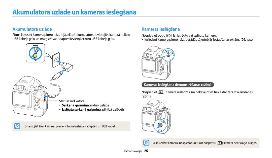 Samsung EC-WB2200BPBE2 manual Akumulatora uzlāde un kameras ieslēgšana, Kameras ieslēgšana 