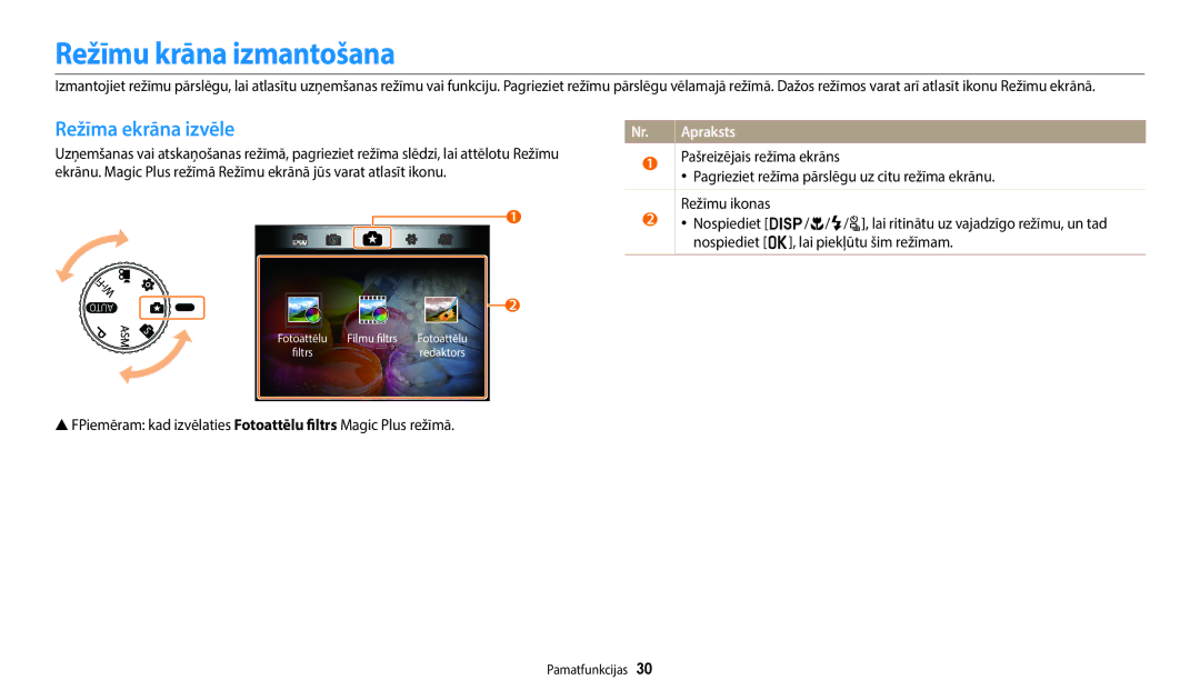 Samsung EC-WB2200BPBE2 manual Režīmu krāna izmantošana, Režīma ekrāna izvēle 