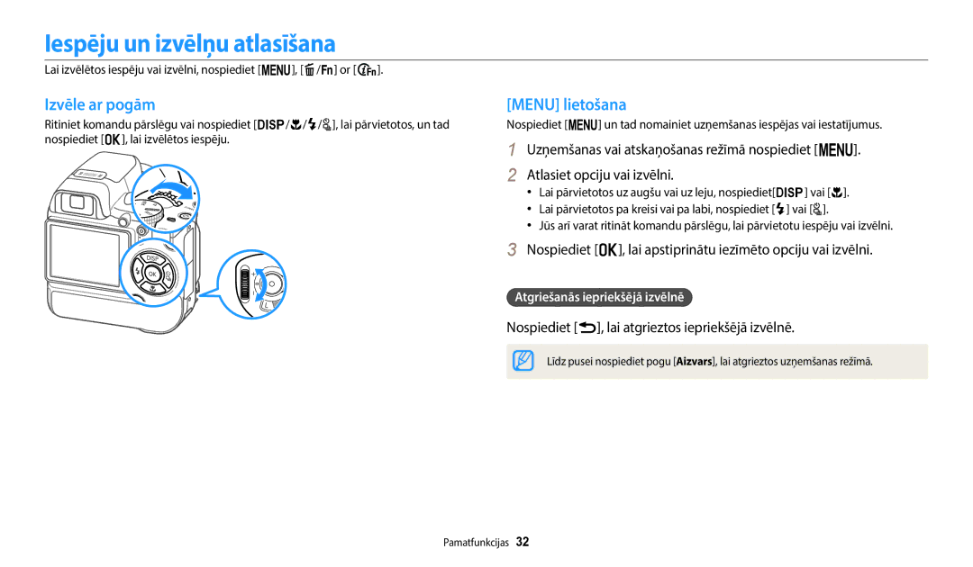 Samsung EC-WB2200BPBE2 manual Iespēju un izvēlņu atlasīšana, Izvēle ar pogām, Menu lietošana 