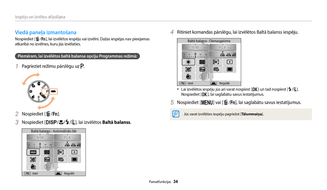 Samsung EC-WB2200BPBE2 manual Viedā paneļa izmantošana, Nospiediet m vai f/s, lai saglabātu savus iestatījumus 