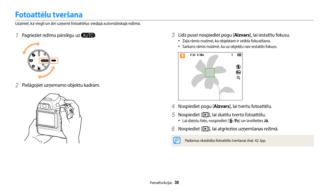 Samsung EC-WB2200BPBE2 manual Fotoattēlu tveršana, Nospiediet P, lai atgrieztos uzņemšanas režīmā 