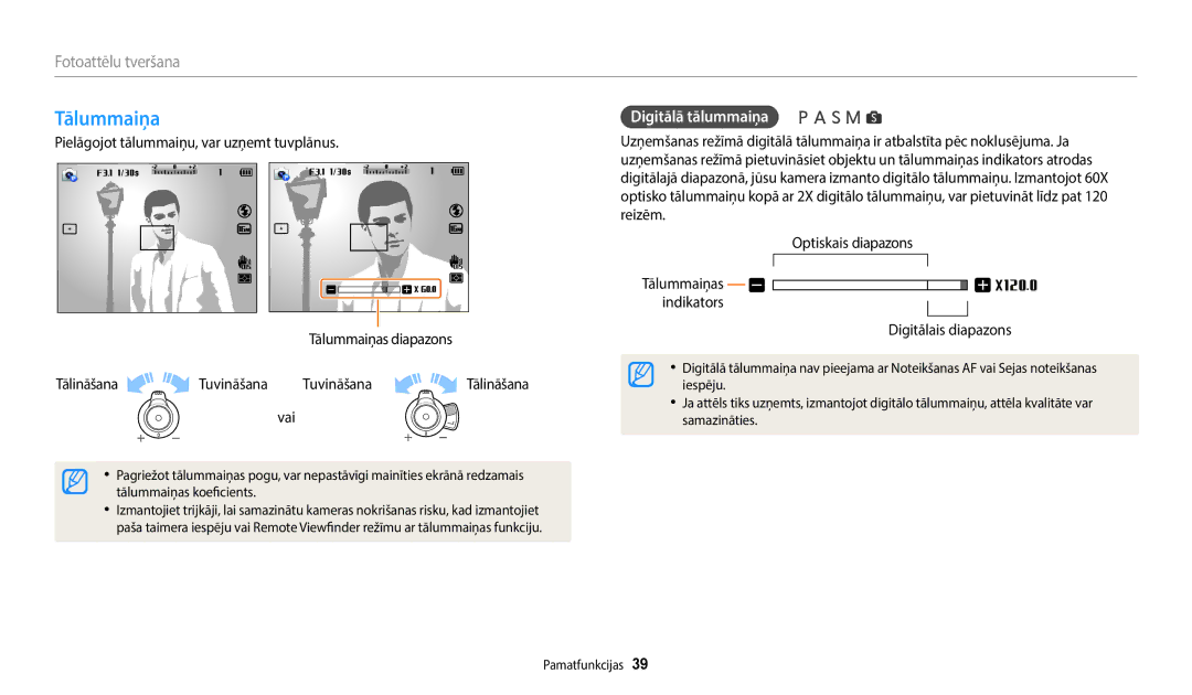 Samsung EC-WB2200BPBE2 manual Tālummaiņa, Fotoattēlu tveršana, Digitālā tālummaiņa, Vai 