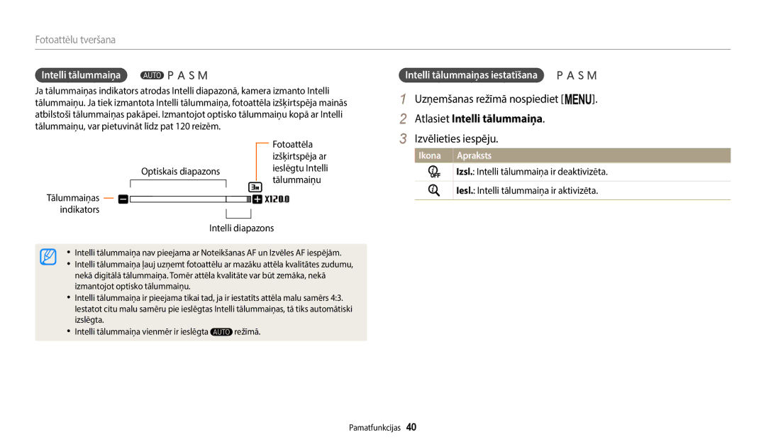 Samsung EC-WB2200BPBE2 manual Atlasiet Intelli tālummaiņa, Intelli tālummaiņas iestatīšana, Intelli diapazons 