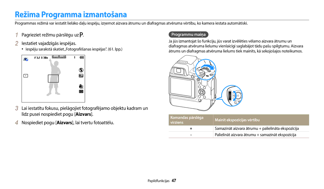 Samsung EC-WB2200BPBE2 Režīma Programma izmantošana, Pagrieziet režīmu pārslēgu uz Iestatiet vajadzīgās iespējas, Virziens 