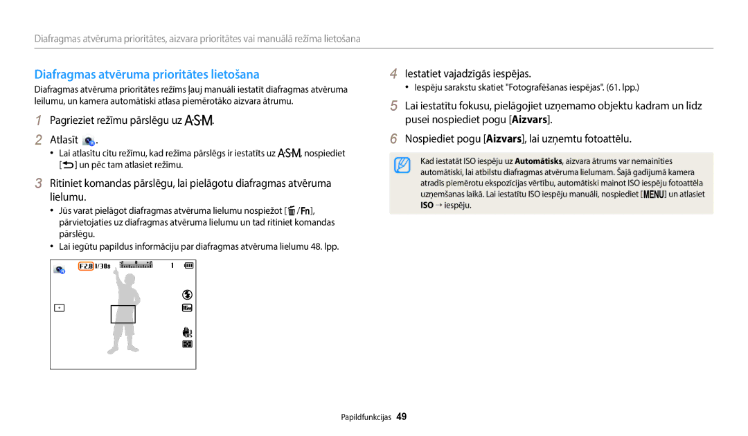 Samsung EC-WB2200BPBE2 manual Diafragmas atvēruma prioritātes lietošana, Pagrieziet režīmu pārslēgu uz Atlasīt 