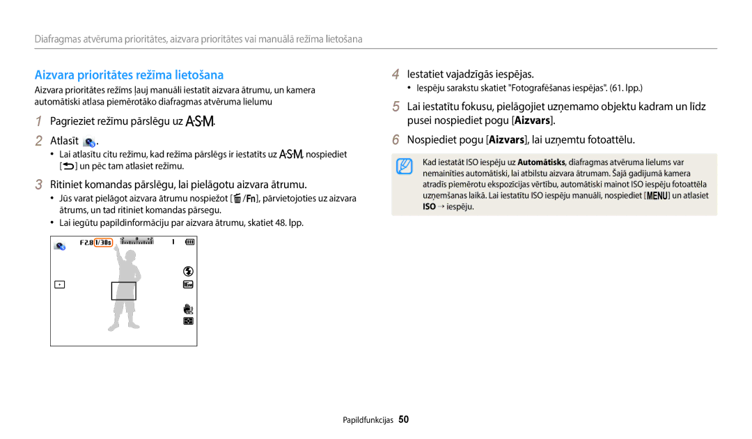 Samsung EC-WB2200BPBE2 Aizvara prioritātes režīma lietošana, Ritiniet komandas pārslēgu, lai pielāgotu aizvara ātrumu 