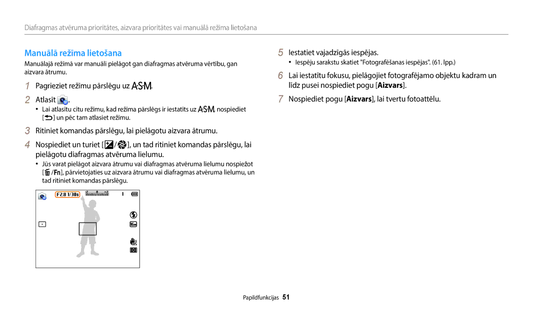 Samsung EC-WB2200BPBE2 manual Manuālā režīma lietošana 