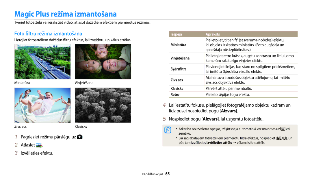 Samsung EC-WB2200BPBE2 manual Magic Plus režīma izmantošana, Foto filtru režīma izmantošana 