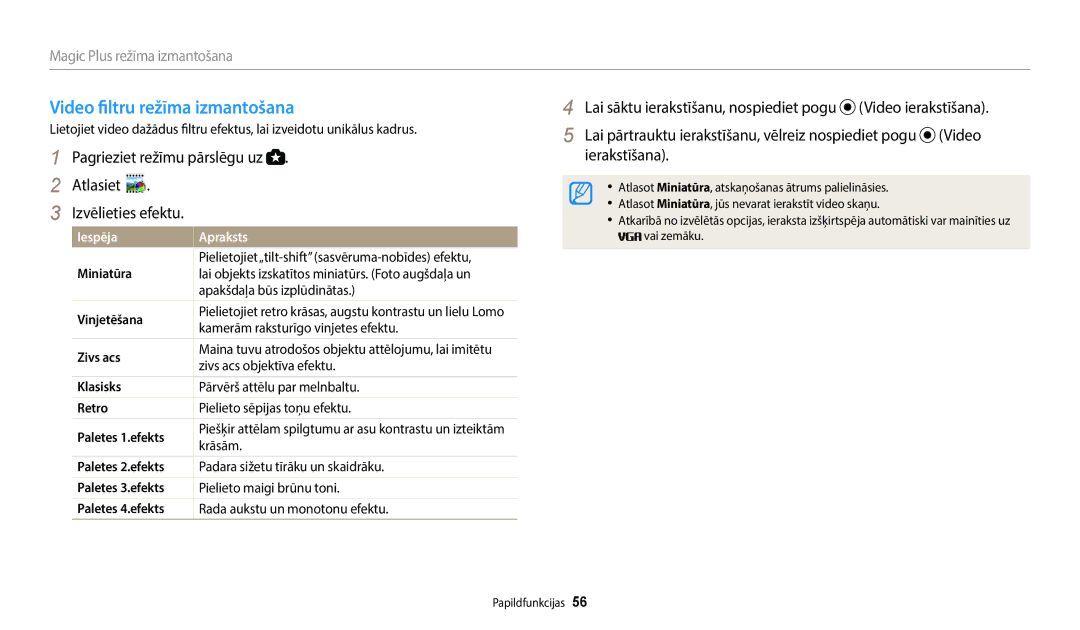 Samsung EC-WB2200BPBE2 manual Video filtru režīma izmantošana, Ierakstīšana Atlasiet, Magic Plus režīma izmantošana 