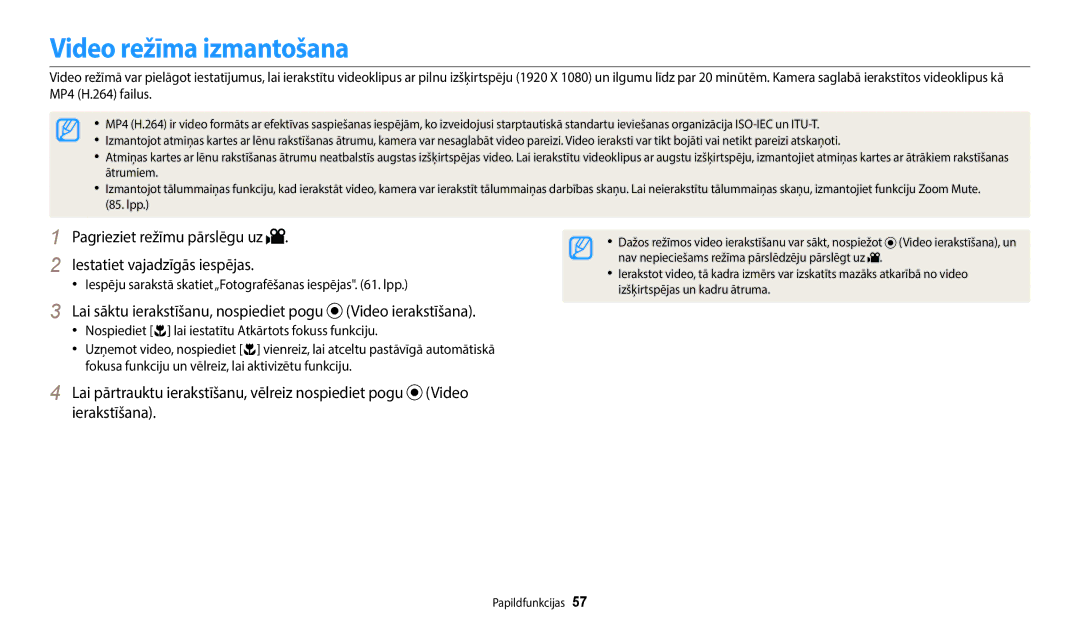 Samsung EC-WB2200BPBE2 manual Video režīma izmantošana, Lai sāktu ierakstīšanu, nospiediet pogu Video ierakstīšana 