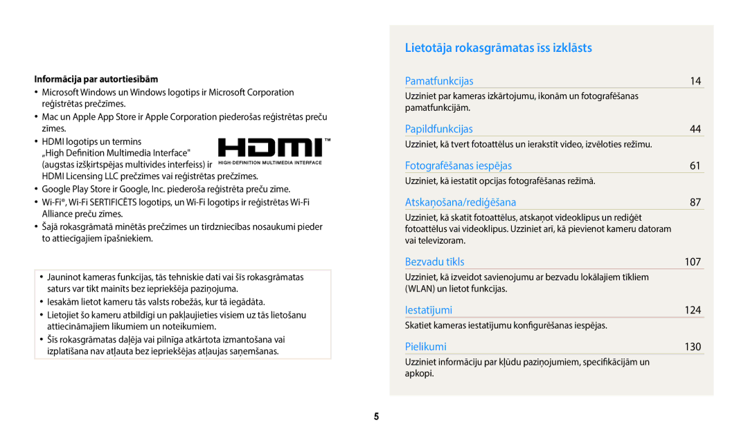 Samsung EC-WB2200BPBE2 manual Lietotāja rokasgrāmatas īss izklāsts, 107, 124, 130, Informācija par autortiesībām 