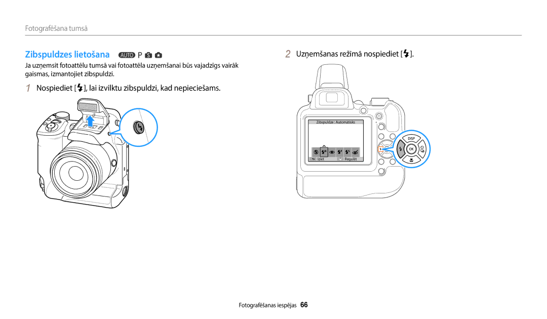 Samsung EC-WB2200BPBE2 manual Zibspuldzes lietošana, Fotografēšana tumsā 