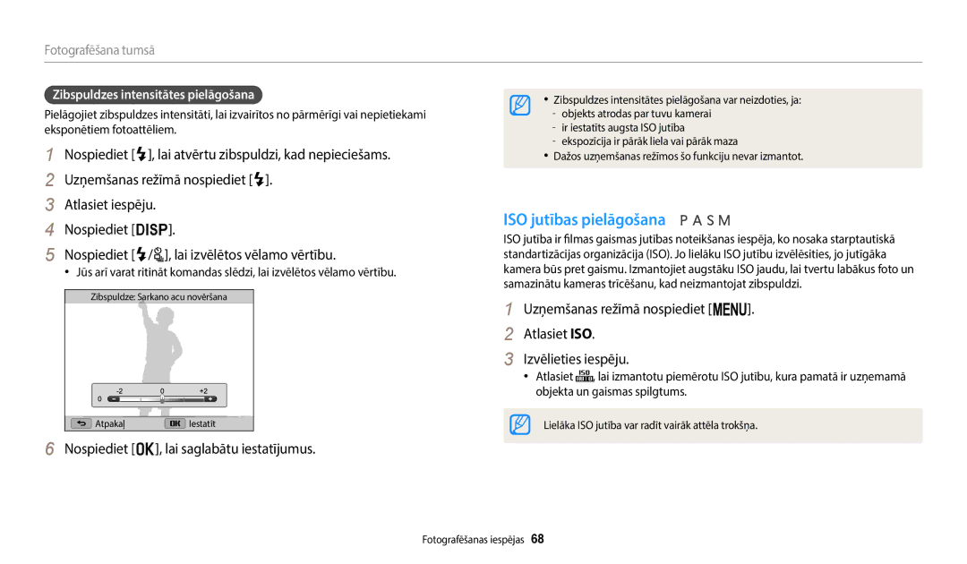 Samsung EC-WB2200BPBE2 manual ISO jutības pielāgošana, Nospiediet o, lai saglabātu iestatījumus 