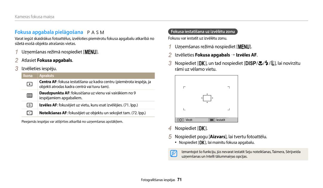 Samsung EC-WB2200BPBE2 Fokusa apgabala pielāgošana, Atlasiet Fokusa apgabals, Izvēlieties Fokusa apgabals → Izvēles AF 