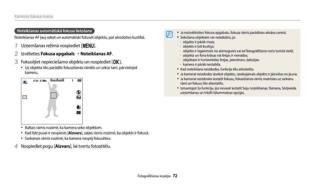 Samsung EC-WB2200BPBE2 manual Izvēlieties Fokusa apgabals → Noteikšanas AF, Fokusējiet nepieciešamo objektu un nospiediet o 