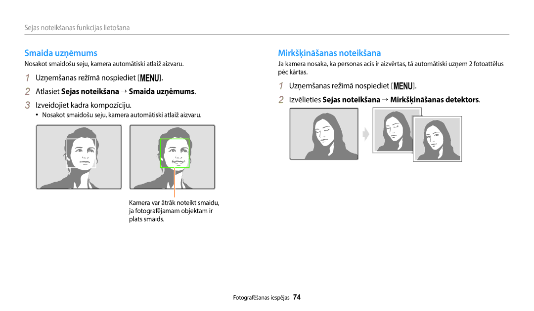 Samsung EC-WB2200BPBE2 manual Mirkšķināšanas noteikšana, Atlasiet Sejas noteikšana → Smaida uzņēmums 