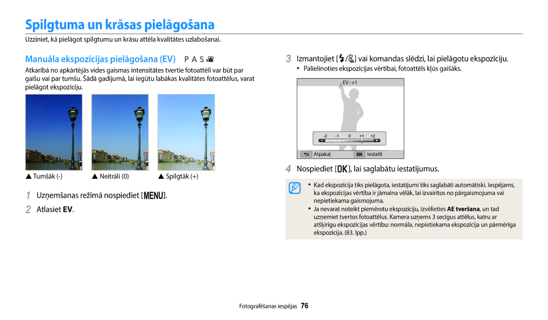 Samsung EC-WB2200BPBE2 manual Spilgtuma un krāsas pielāgošana, Manuāla ekspozīcijas pielāgošana EV, Tumšāk  Neitrāli 