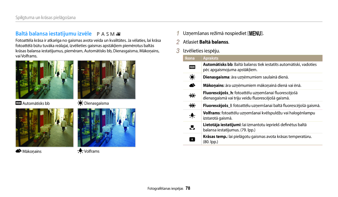 Samsung EC-WB2200BPBE2 manual Baltā balansa iestatījumu izvēle, Atlasiet Baltā balanss 