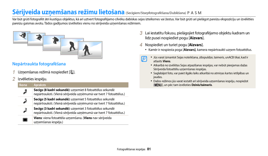 Samsung EC-WB2200BPBE2 manual Nepārtraukta fotografēšana, Uzņemšanas režīmā nospiediet t Izvēlieties iespēju 