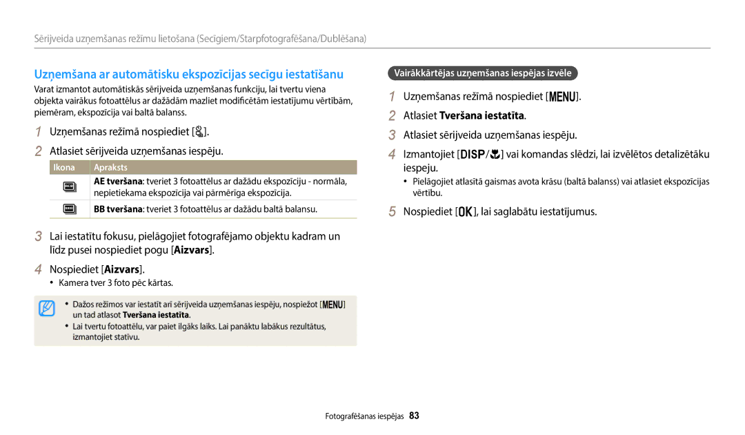 Samsung EC-WB2200BPBE2 manual Atlasiet Tveršana iestatīta, Vairākkārtējas uzņemšanas iespējas izvēle 