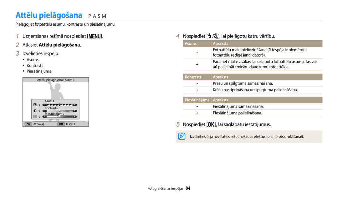 Samsung EC-WB2200BPBE2 manual Atlasiet Attēlu pielāgošana, Nospiediet F/t, lai pielāgotu katru vērtību 