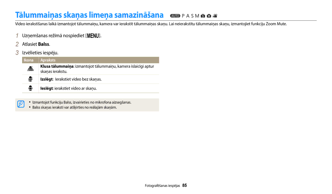 Samsung EC-WB2200BPBE2 manual Tālummaiņas skaņas līmeņa samazināšana 