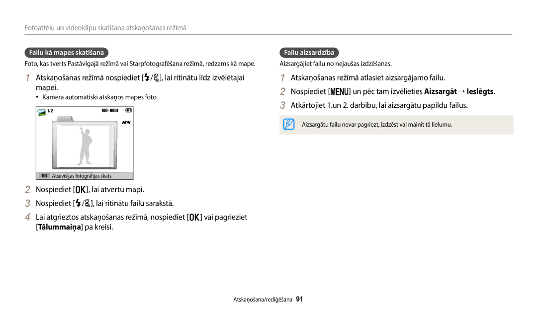 Samsung EC-WB2200BPBE2 manual Failu kā mapes skatīšana, Failu aizsardzība, Kamera automātiski atskaņos mapes foto 