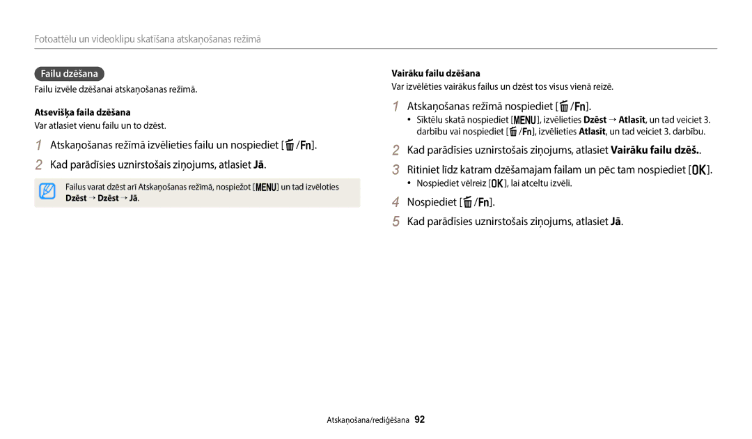 Samsung EC-WB2200BPBE2 Atskaņošanas režīmā nospiediet f/s, Failu dzēšana, Atsevišķa faila dzēšana, Vairāku failu dzēšana 