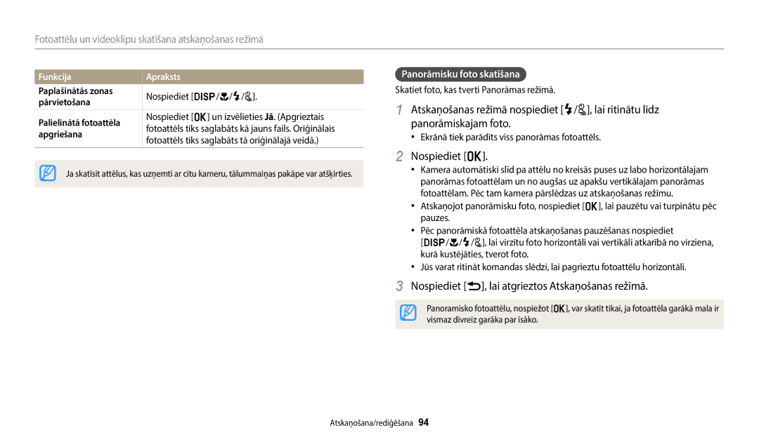 Samsung EC-WB2200BPBE2 manual Nospiediet o, Nospiediet r, lai atgrieztos Atskaņošanas režīmā, Panorāmisku foto skatīšana 