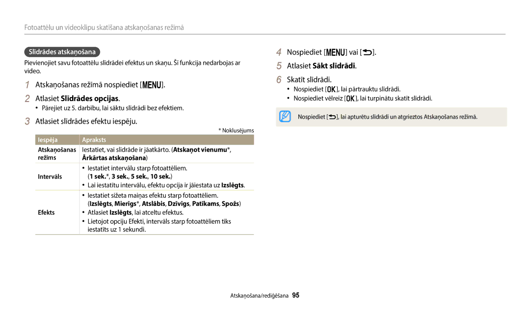 Samsung EC-WB2200BPBE2 manual Nospiediet m vai r, Atlasiet Sākt slīdrādi, Skatīt slīdrādi, Atlasiet Slīdrādes opcijas 