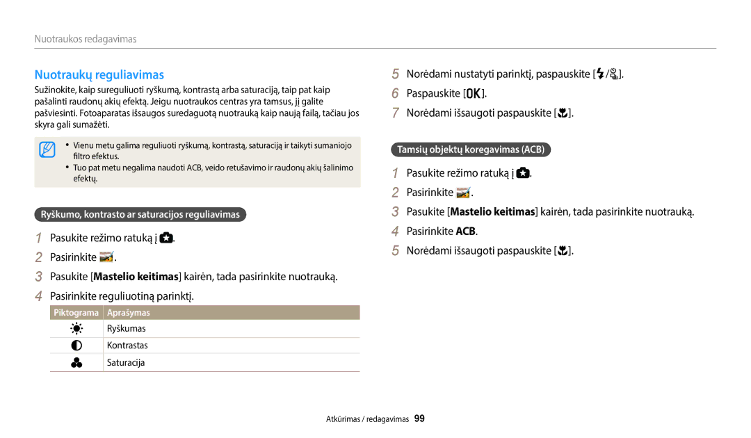 Samsung EC-WB2200BPBE2 manual Nuotraukų reguliavimas, Ryškumo, kontrasto ar saturacijos reguliavimas 