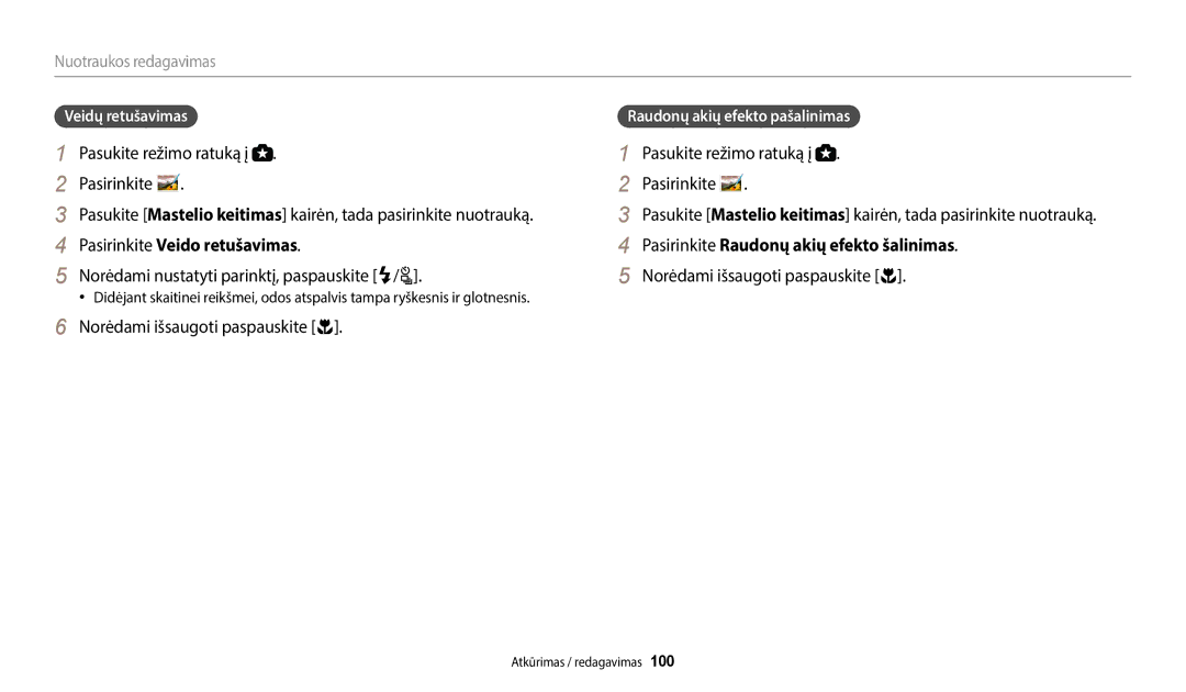 Samsung EC-WB2200BPBE2 Pasirinkite Veido retušavimas, Norėdami nustatyti parinktį, paspauskite F/t, Veidų retušavimas 