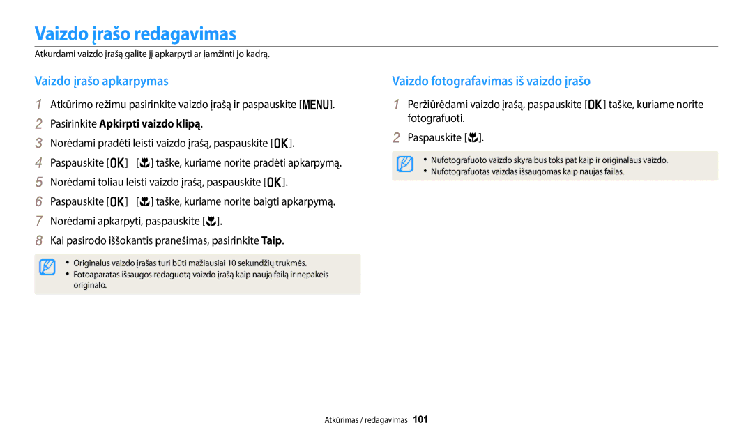 Samsung EC-WB2200BPBE2 manual Vaizdo įrašo redagavimas, Vaizdo įrašo apkarpymas, Vaizdo fotografavimas iš vaizdo įrašo 