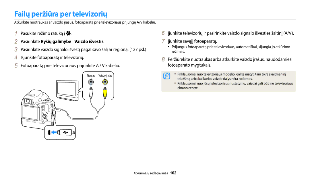 Samsung EC-WB2200BPBE2 manual Failų peržiūra per televizorių, Pasirinkite Ryšių galimybė  Vaizdo išvestis 