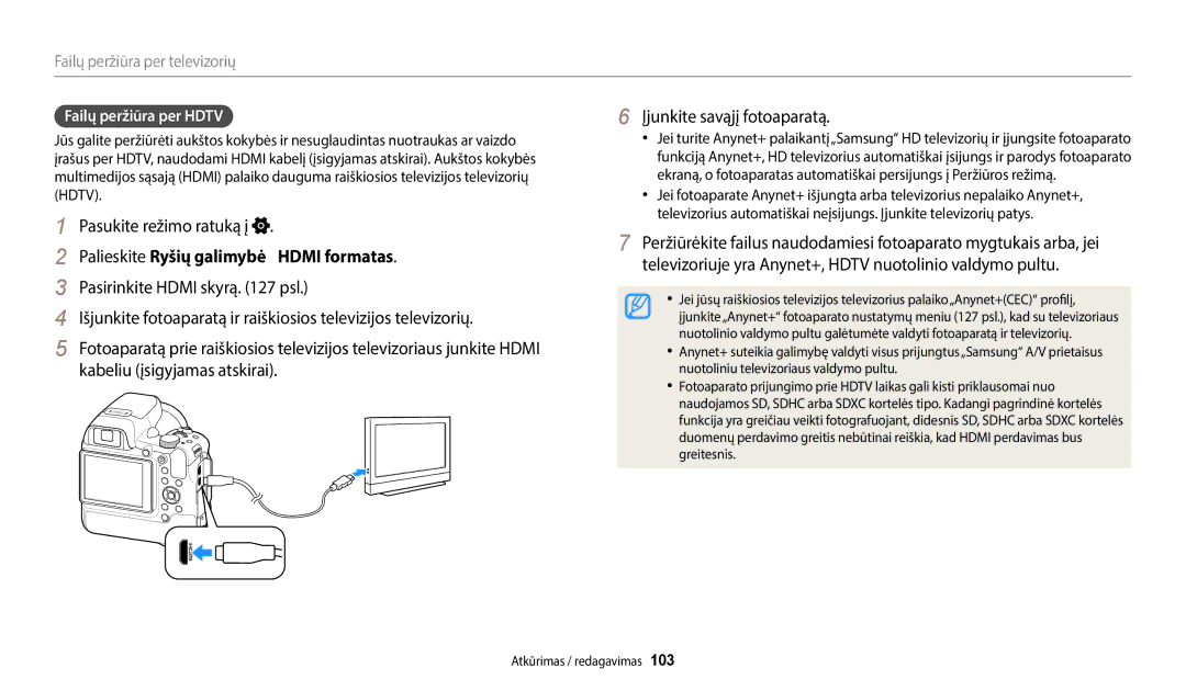 Samsung EC-WB2200BPBE2 manual Palieskite Ryšių galimybė  Hdmi formatas, Failų peržiūra per Hdtv 