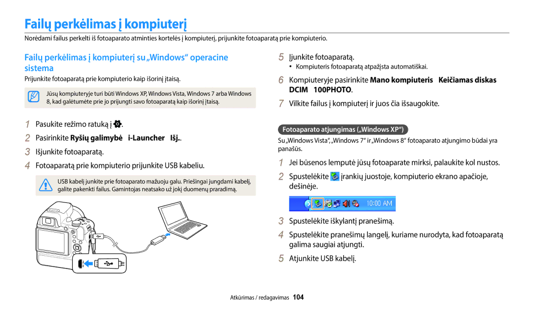 Samsung EC-WB2200BPBE2 manual Failų perkėlimas į kompiuterį su„Windows operacine sistema, Įjunkite fotoaparatą 