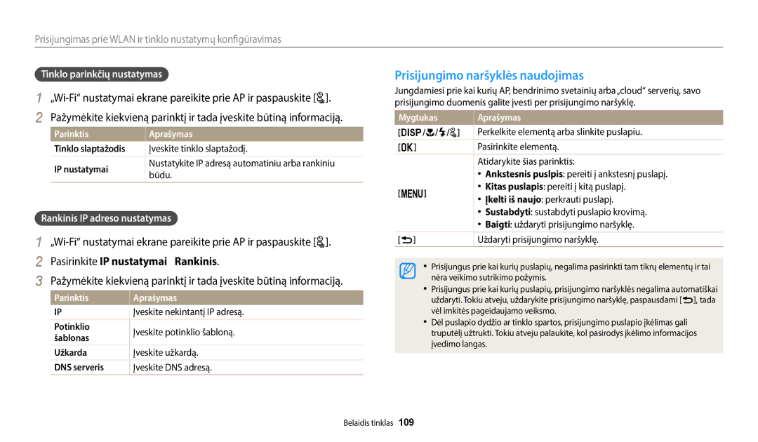 Samsung EC-WB2200BPBE2 manual Prisijungimo naršyklės naudojimas, Pasirinkite IP nustatymai  Rankinis 