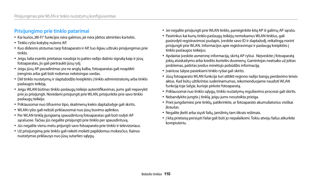 Samsung EC-WB2200BPBE2 manual Prisijungimo prie tinklo patarimai, Įvairiose šalyse pasiekiami tinklo ryšiai gali skirtis 