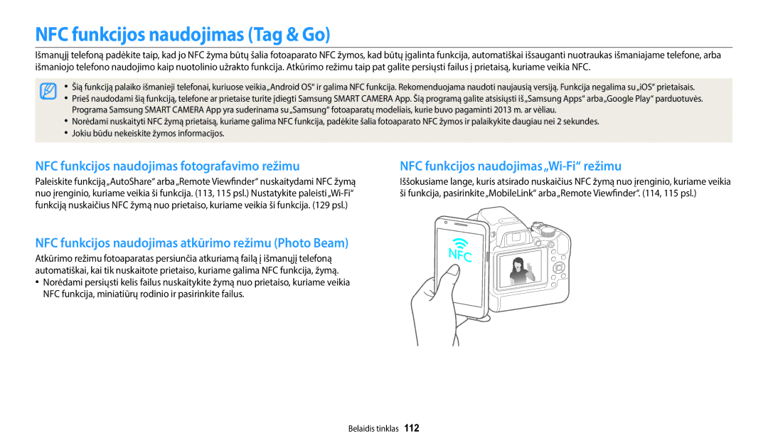 Samsung EC-WB2200BPBE2 manual NFC funkcijos naudojimas Tag & Go, NFC funkcijos naudojimas fotografavimo režimu 