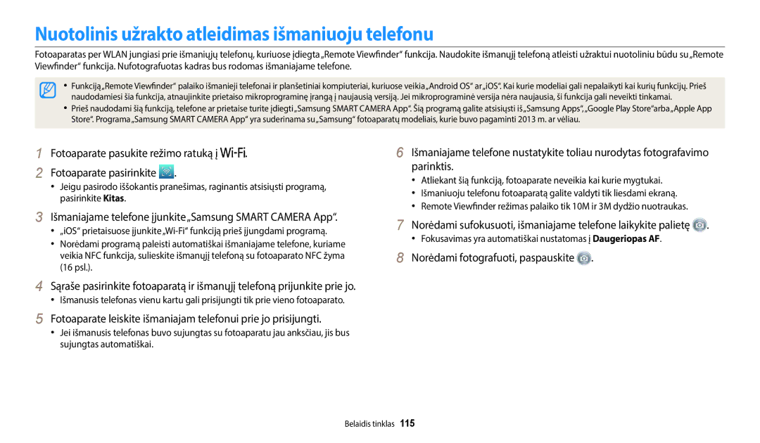 Samsung EC-WB2200BPBE2 manual Nuotolinis užrakto atleidimas išmaniuoju telefonu, Norėdami fotografuoti, paspauskite 